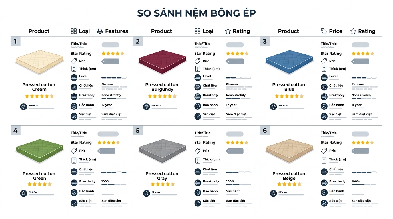 bảng so sánh top 6 thương hiệu đệm bông ép tốt nhất 2026